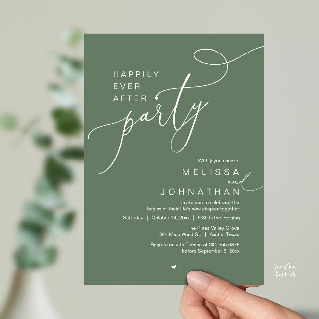 Lyckliga Slutet-fest, Romantisk Bröllopsmiddag Inbjudningar (Happily Ever After Party, Romantic Wedding Reception Dinner Invitation Card in Sage Green)
