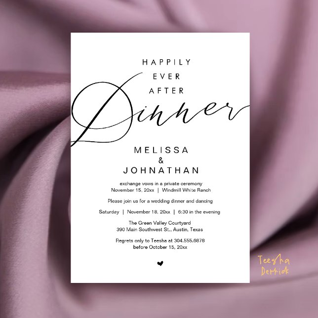 Lyckliga Slutet Middag Bröllopsflykt Fest Inbjudningar (Happily Ever After Dinner Wedding Elopement Party Invitation Card in White and Black)