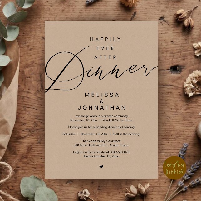 Lyckliga Slutet Middag Bröllopsflykt Fest Inbjudningar (Happily Ever After Dinner Wedding Elopement Party Invitation Card in Brown Kraft)