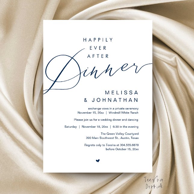 Lyckliga Slutet Middag Bröllopsflykt Fest Inbjudningar (Happily Ever After Dinner Wedding Elopement Party Invitation Card in Navy Blue)