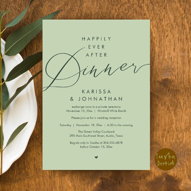 Lyckliga Slutet Middag Bröllopsflykt Fest Inbjudningar (Happily Ever After Dinner Wedding Elopement Party Invitation Card in Eucalyptus and Sage green)