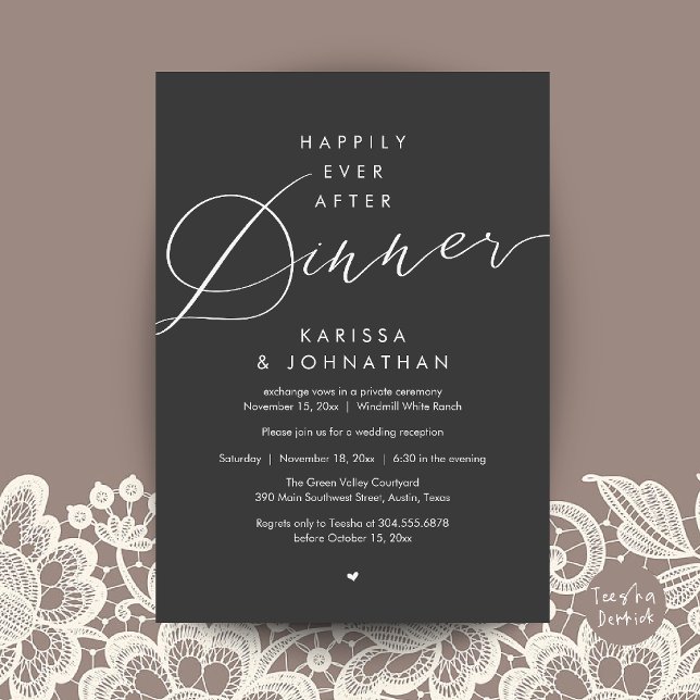 Lyckliga Slutet Middag Bröllopsflykt Fest Inbjudningar (Happily Ever After Dinner Wedding Elopement Party Invitation Card in Charcoal Grey and SIlver)