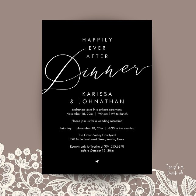 Lyckliga Slutet Middag Bröllopsflykt Fest Inbjudningar (Happily Ever After Dinner Wedding Elopement Party Invitation Card in Black and White)