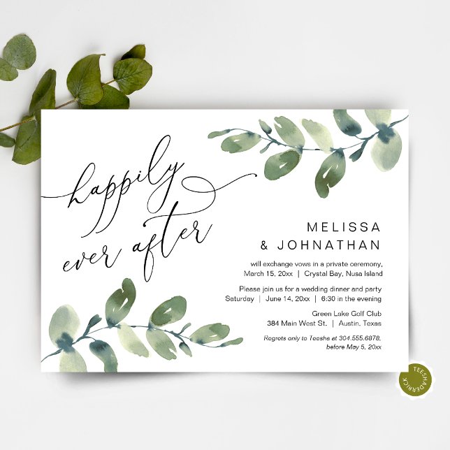 Lyckliga stunder, Bröllopsflykt middag, Grönska Inbjudningar (Happily Ever After, Post Wedding Elopement Dinner Invitation, Modern Romantic Greenery Eucalyptus)
