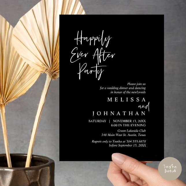 Lyckliga stunder efter fest, Intim middag efter vi Inbjudningar (Happily Ever after Party, Wedding Elopement Dinner Invitation Card, PDF, in Classy Black)