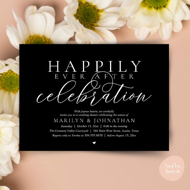 Lyckliga stunder efter modern bröllopsfirande inbjudningar (Happily Ever After Modern Wedding Celebration Dinner Brunch, Lunch, Invites Card in Classy Black)
