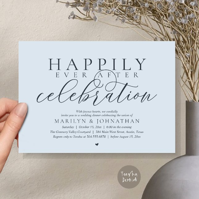 Lyckliga Stunder Efter Modern Bröllopsfirande Inbjudningar (Happily Ever After Modern Wedding Celebration Dinner Brunch, Lunch, Invites Card in Misty Blue)