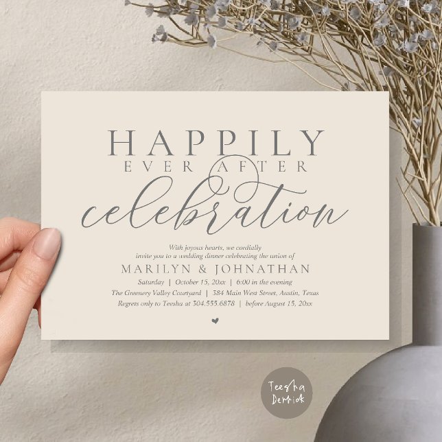 Lyckliga stunder efter modern bröllopsfirande inbjudningar (Happily Ever After Modern Wedding Celebration Dinner Brunch, Lunch, Invites Card in Cream Grey)
