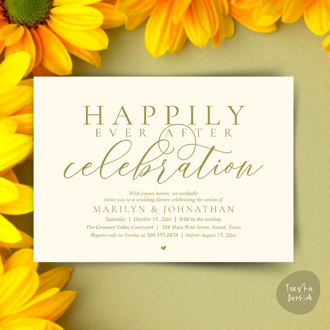Lyckliga stunder efter modern bröllopsfirande inbjudningar (Happily Ever After Modern Wedding Celebration Dinner Brunch, Lunch, Invites Card in Yellow Gold)