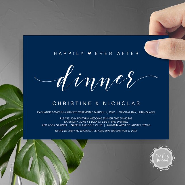 Lyckliga stunder för evigt, Bröllopsflykt Middagsi Inbjudningar (Happily Ever After Dinner Invitation Card, PDF, Modern Wedding Elopement, Heart, Navy Blue)