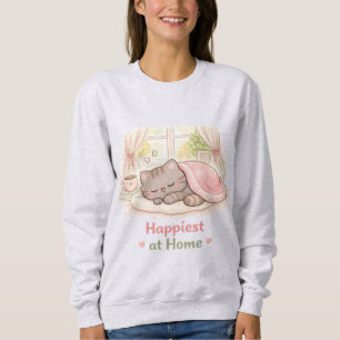 Lyckligast hemma Kawaii Söt Katt Hemmaboende T Shirt