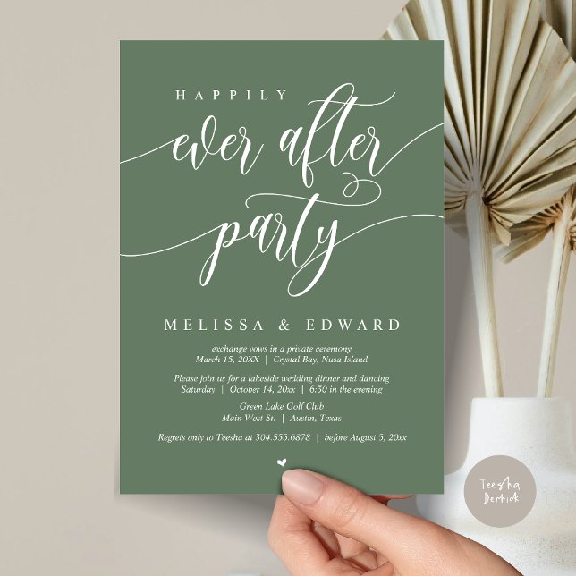 Lyckligt Alltid Efter Bröllop, Salviegrön Inbjudningar (Happily Ever After Elopement Party Invitation Card, PDF, Modern Wedding Dinner, in Forest Sage Green)