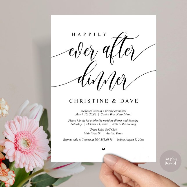 Lyckligt Alltid Efter Bröllops Middag Dansande Inbjudningar (Happily Ever After Dinner Invitation Card, PDF, Modern Calligraphy Script, in Black and White)