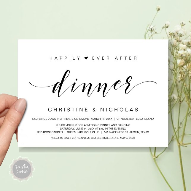 Lyckligt Alltid Efter, Bröllopsflykt Middag Inbjudningar (Happily Ever After Dinner Invitation Card, PDF, Modern Wedding Elopement, Heart, Black and White)