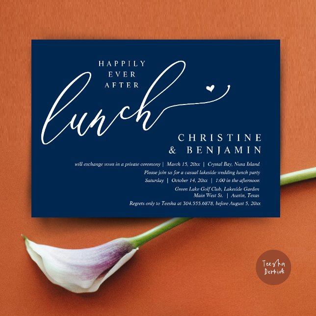 Lyckligt Alltid Efter Bröllopslunchfirande Inbjudningar (Happily ever After Lunch Invitation Card, PDF, Post Wedding Elopement, In Navy Blue)