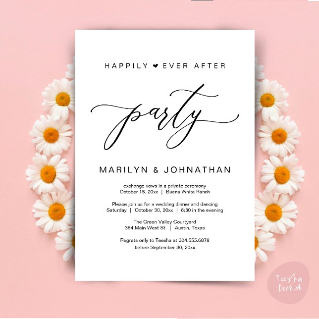 Lyckligt Alltid Efter Fest Bröllop Elopement Midda Inbjudningar (Happily Ever After Party Wedding Elopement Romantic Dinner Brunch Invitation Card PDF White Black)