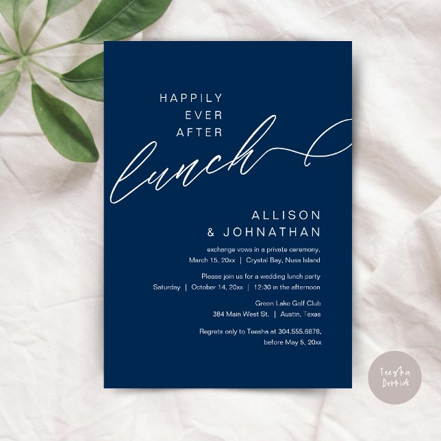 Lyckligt Alltid Efter Lunch, Bröllop Marinblå Inbjudningar (Happily Ever After Lunch, Wedding Elopement Invitation Card, PDF, Modern Classy, in Navy Blue)