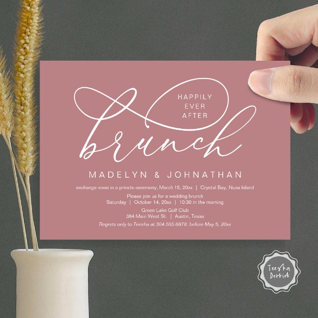 Lyckligt Alltid Efter Lunch, Bröllopsflykt Inbjudningar (Happily Ever After Brunch, Wedding Elopement Party Invitation Card, PDF, Classy, Dusty Rose Pink)