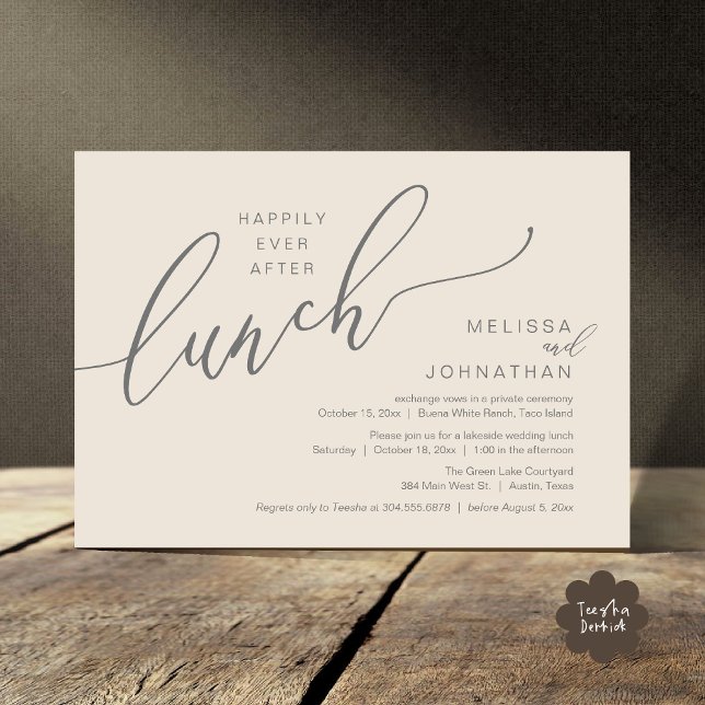 Lyckligt Alltid Efter Lunch Romantisk Efter Bröllo Inbjudningar (Happily Ever After Lunch Romantic Post Wedding Invitation Card PDF in Crean Grey)