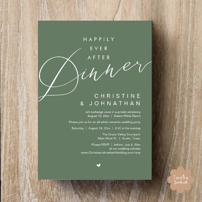 Lyckligt Alltid Efter Middag Bröllopsflykt Fest Inbjudningar (Happily Ever After Party Invitation Card PDF Modern Wedding Dinner Dancing Green  Sage Greenery)