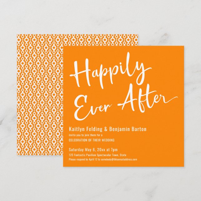 Lyckligt Alltid Efter Vit Retro Mönster På Orange  Inbjudningar (Fram/baksida)