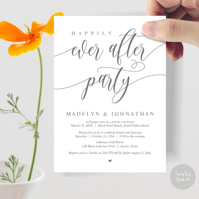 Lyckligt För Evigt Fest Bröllopsmiddag, Grå Inbjudningar (Happily Ever After Party, Modern Calligraphy Wedding Dinner Invitation Card, PDF, in Dark Grey)