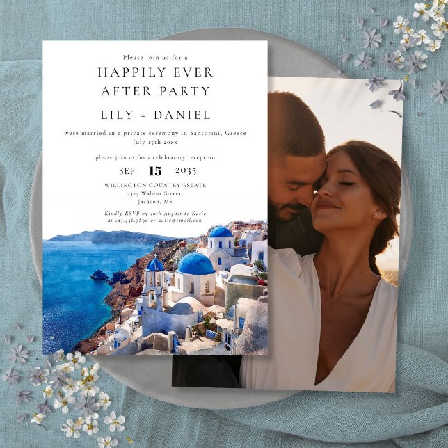 Lyckligt För Evigt Santorini Grekland Foto Bröllop Inbjudningar (Happily Ever After Santorini Greece Photo Wedding Invitation)