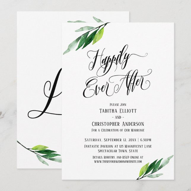 Lyckligt för evigt Utförlig Skript Grönska Inbjudningar (Fram/baksida)