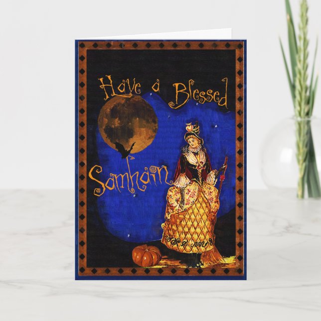 Lyckligt Samhain Halloween för vintagehäxa kort (Framsida)