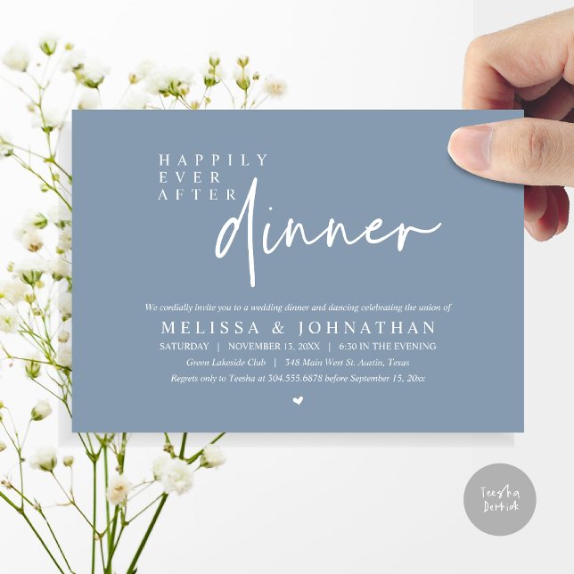 Lyckligtvis allt efter att Bröllop dansade Party Inbjudningar (Happily Ever After Party, Modern Wedding Dinner Dancing Party Invitation Card, PDF, Dusty Blue)