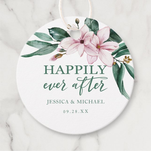 Lyckligtvis allt efter Blommigten Rosa Watercolor  Gåvor Etiketter (Framsida)