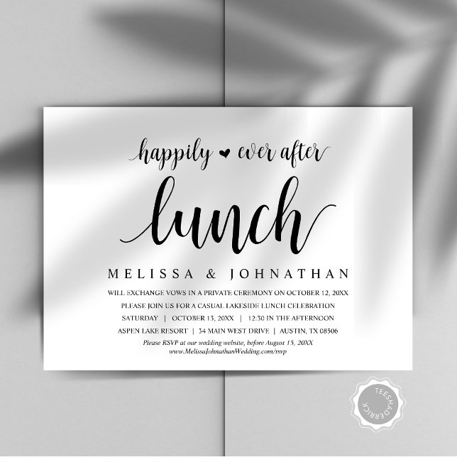 Lyckligtvis allt efter Bröllop Elopement Lunch Inbjudningar (Happily Ever After Wedding Elopement Lunch Celebration Invitation Card, Downloadable, Modern Rustic)