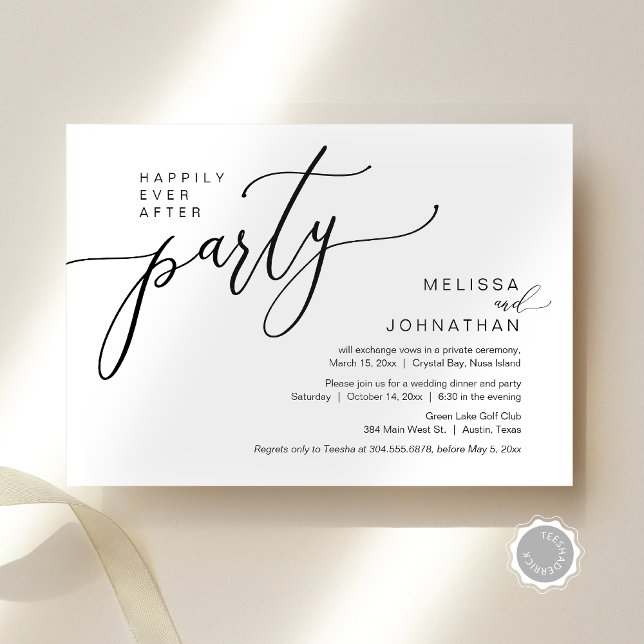 Lyckligtvis allt efter Bröllop Elopement Middag Pa Inbjudningar (Happily Ever After Wedding Elopement Dinner Party Invitation Card, Downloadable, Modern Romantic)