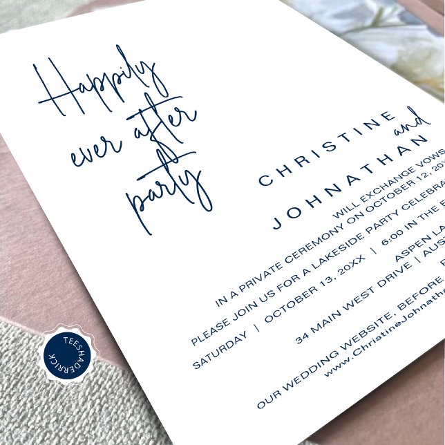 Lyckligtvis allt efter Bröllop Elopement Middag Pa Inbjudningar (Happily Ever After Wedding Elopement Dinner Party Invitation Card, Navy Blue Scheme, Downloadable)