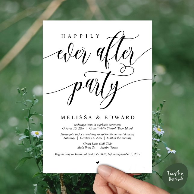 Lyckligtvis allt efter Bröllop Elopement Middag Pa Inbjudningar (Wedding Happily Ever After Party Dinner Brunch Elopement Invitation Card, PDF, White Black)