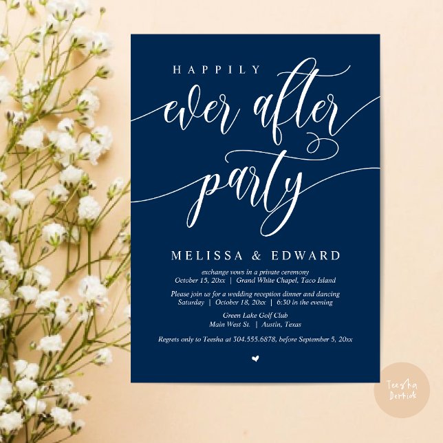 Lyckligtvis allt efter Bröllop Elopement Middag Pa Inbjudningar (Wedding Happily Ever After Party Dinner Brunch Elopement Invitation Card, PDF, Navy Blue)