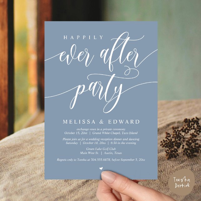 Lyckligtvis allt efter Bröllop Elopement Middag Pa Inbjudningar (Wedding Happily Ever After Party Dinner Brunch Elopement Invitation Card, PDF, Dusty Blue)