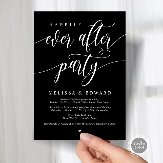 Lyckligtvis allt efter Bröllop Elopement Middag Pa Inbjudningar (Wedding Happily Ever After Party Dinner Brunch Elopement Invitation Card, PDF, Classy Black)
