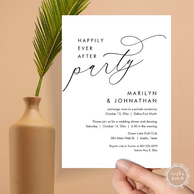 Lyckligtvis allt efter Bröllop Elopement Middag Pa Inbjudningar (Happily Ever After Party, Modern Minimalist Wedding Dinner Invitation Card, PDF, Black and White)