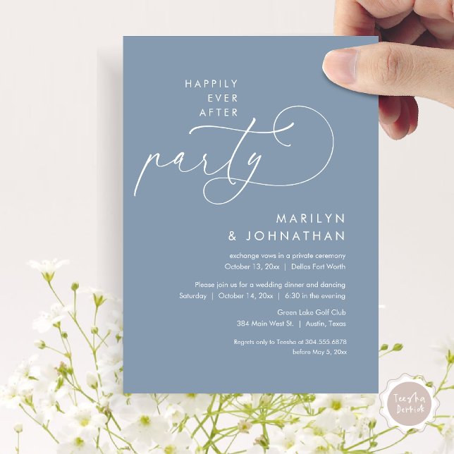 Lyckligtvis allt efter Bröllop Elopement Middag Pa Inbjudningar (Happily Ever After Party, Modern Minimalist Wedding Dinner Invitation Card, PDF, Dusty Blue)