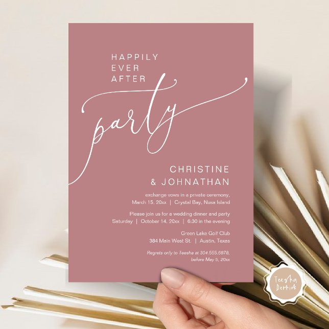 Lyckligtvis allt efter Bröllop Elopement Party Inbjudningar (Happily Ever After Party, Modern Romantic Wedding Elopement Dinner Invitation Card, in Dusty Rose )
