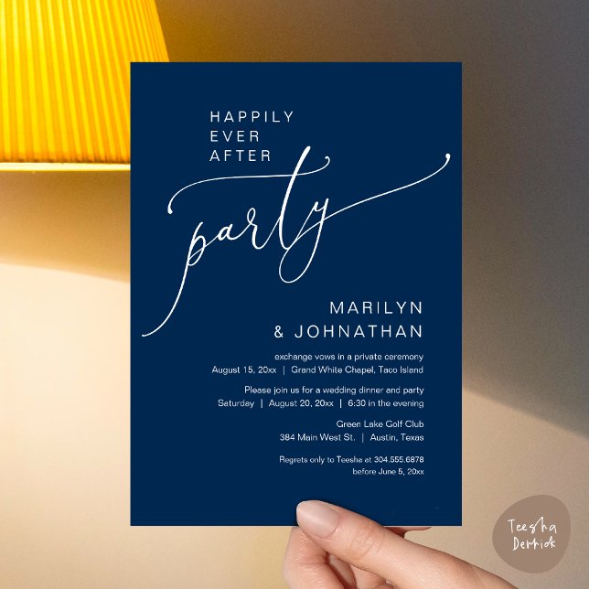 Lyckligtvis allt efter Bröllop Elopement Party Inbjudningar (Happily Ever After Wedding Elopement Party Invitation Card, PDF, Modern Romantic, Navy Blue)