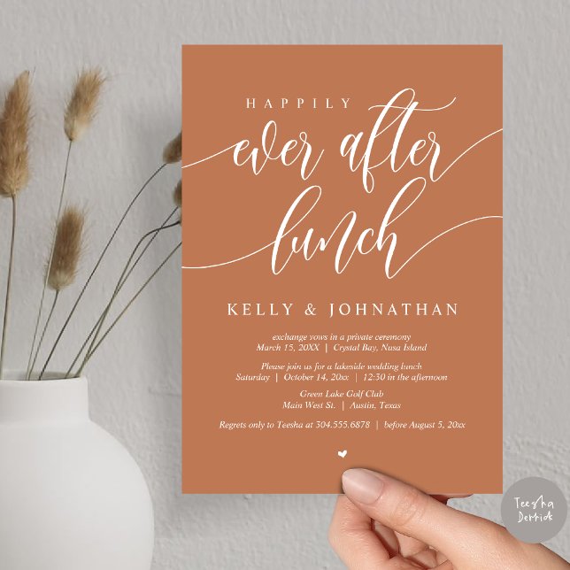 Lyckligtvis allt efter Bröllop Lunch, i kopparrost Inbjudningar (Happily Ever After Wedding Lunch Invitation Card, PDF, Modern Calligraphy, in Copper)