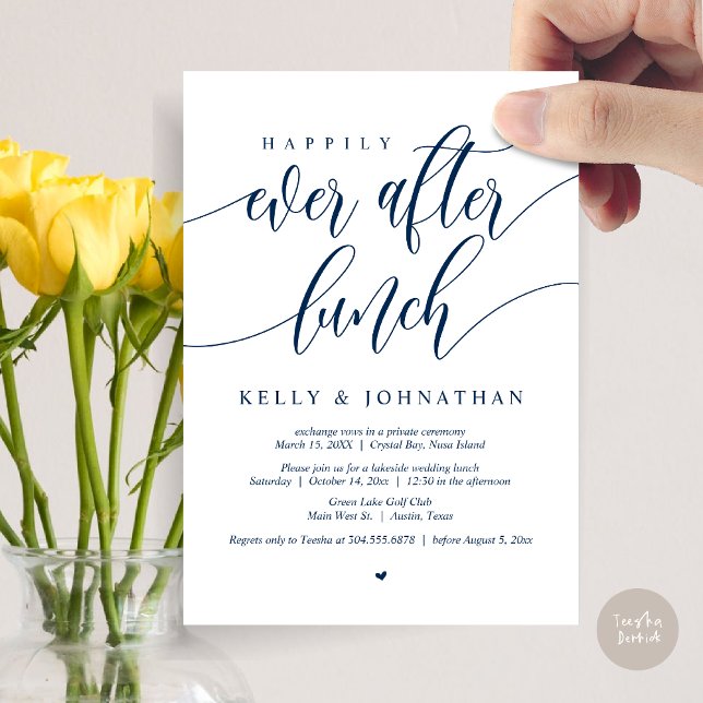 Lyckligtvis allt efter Bröllop Lunch, marinblått Inbjudningar (Happily Ever After Wedding Lunch Invitation Card, PDF, Modern Calligraphy, in Navy Blue)