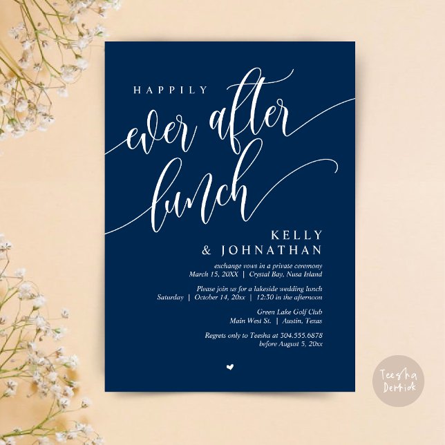 Lyckligtvis allt efter Bröllop Lunch, marinblått Inbjudningar (Happily Ever After Lunch Invitation Card, PDF, Post Wedding Celebration, in Classy Navy Blue)