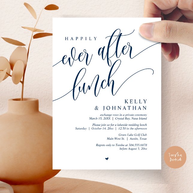 Lyckligtvis allt efter Bröllop Lunch, marinblått Inbjudningar (Happily Ever After Lunch Invitation Card, PDF, Post Wedding Celebration, in Classy Navy Blue)