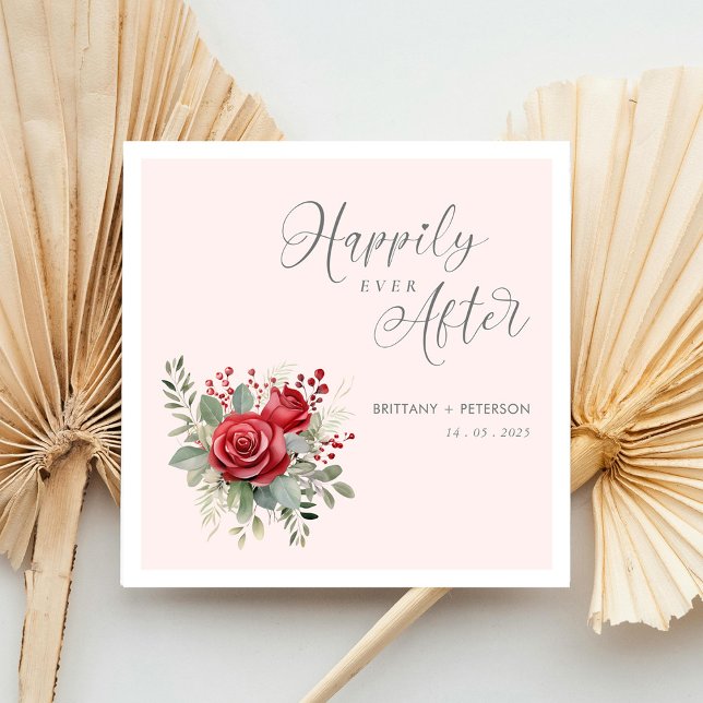 Lyckligtvis allt efter  Bröllop-servar med Ro Pappersservett (Happily Ever After Blush Wedding Napkins with Rose Personalized)