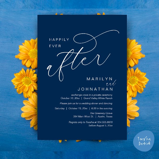 Lyckligtvis allt efter Bröllopsfest... Inbjudningar (Romantic Happily Ever After Wedding Dinner Party Lunch Brunch Invitation PDF Card Navy Blue)
