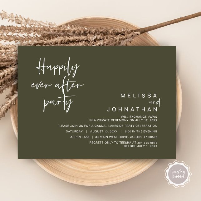 Lyckligtvis allt efter Bröllopsfest, Oliv grönt Inbjudningar (Happily Ever After Party Invitation Card, PDF, Modern Wedding Elopement, in Olive Green)