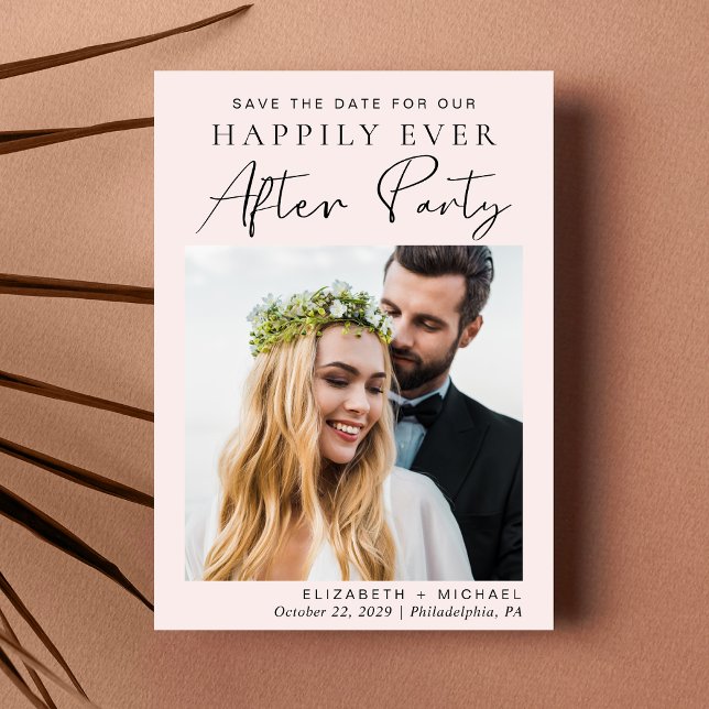 Lyckligtvis allt efter bröllopsmottagningen Foto R Spara Datumet (A stylish save the date announcement for a reception to celebrate your elopement or private wedding)